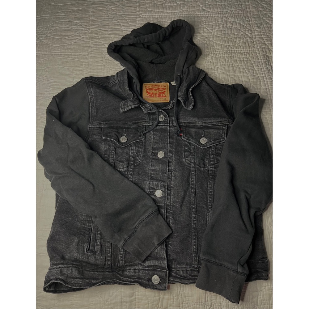 Levis Trucker Jacket womens XL Black Denim Hybrid Fleece Hoodie Sleeves Washed